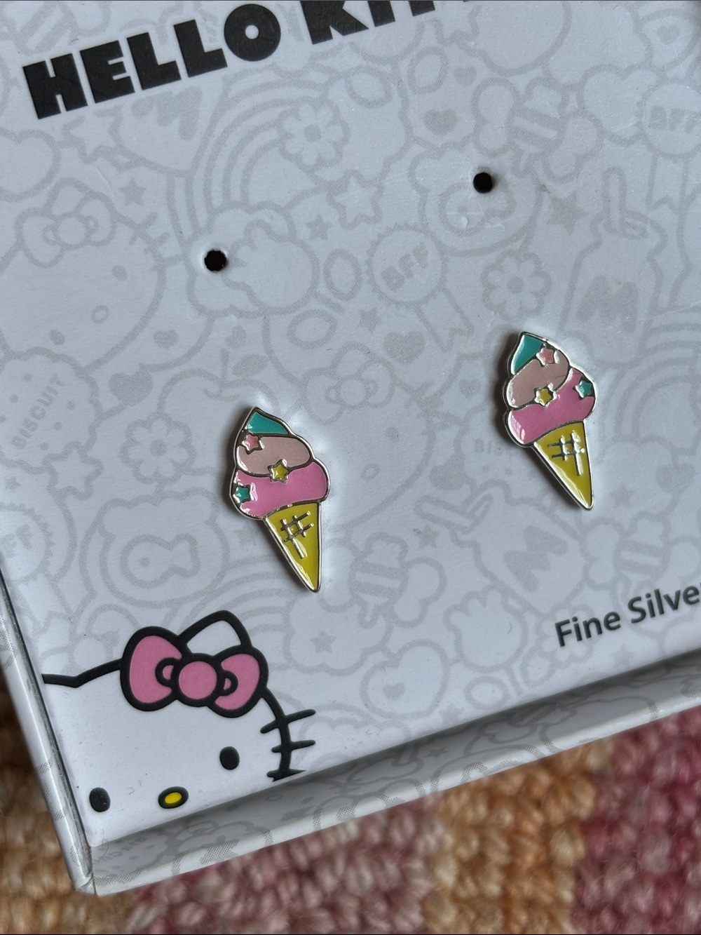 Hello Kitty Ice cream cone dainty Earrings fine silver plated NWT
